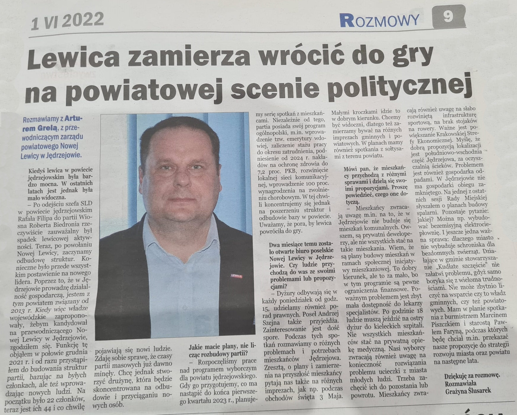 Wywiad z Arturem Grelą przewodniczącym Nowej Lewicy powiatu jędrzejowskiego