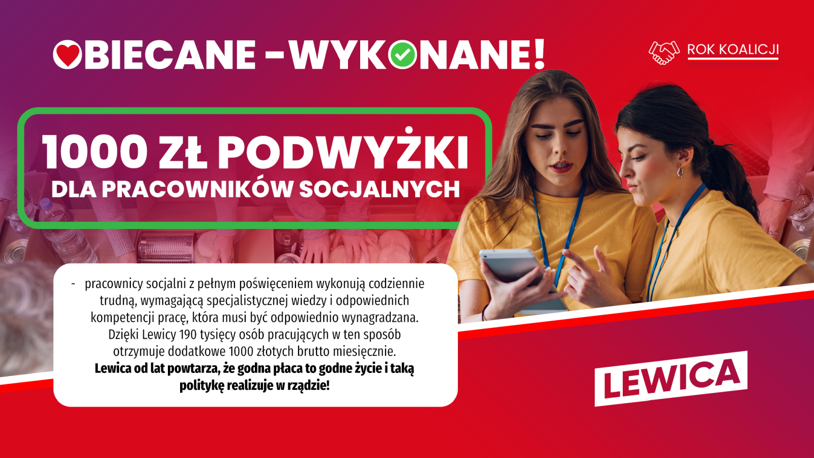 Kampania Lewicy z hasłem „1000 zł podwyżki dla pracowników socjalnych”, przedstawiająca dwie kobiety w żółtych koszulkach patrzące na telefon na czerwonym tle.
