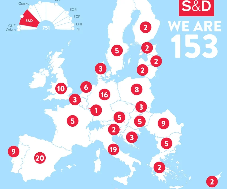 Mapa Europy z czerwonymi punktami z liczbami, ilustrująca liczbę posłów SLD dołączających do grupy Socjalistów i Demokratów w Parlamencie Europejskim.