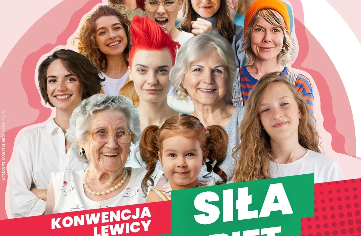 Kolaż uśmiechniętych kobiet różnych pokoleń na różowo-czerwonym tle, promujący zaproszenie na konwencję Lewicy „Siła kobiet”.