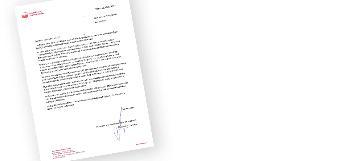 Obrócony list przewodniczącego SLD z logo w lewym górnym rogu i podpisem na dole, skierowany do Prezydenta RP Andrzeja Dudy.
