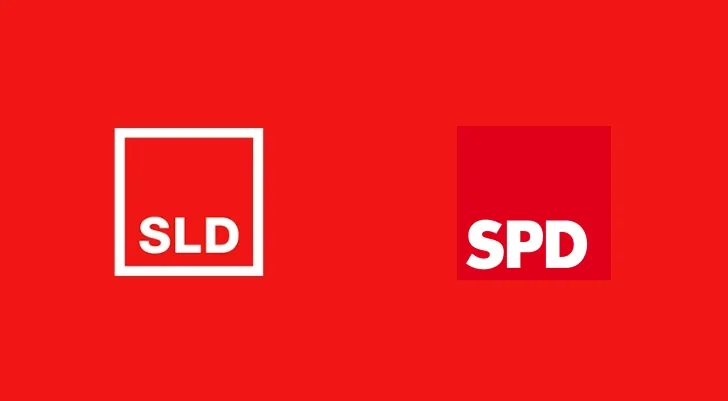 Dwa logotypy partii politycznych – SLD w białej ramce po lewej i SPD w czerwonym kwadracie po prawej – na czerwonym tle, sugerujące lewicową współpracę transgraniczną.