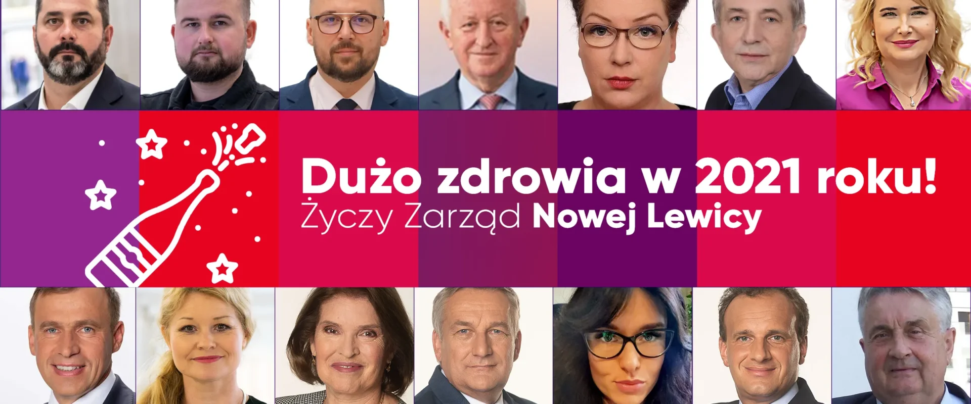 Kolaż portretów wielu członków Nowej Lewicy na tle kolorowych paneli z napisem „Dużo zdrowia w 2021 roku! Życzy Zarząd Nowej Lewicy”.