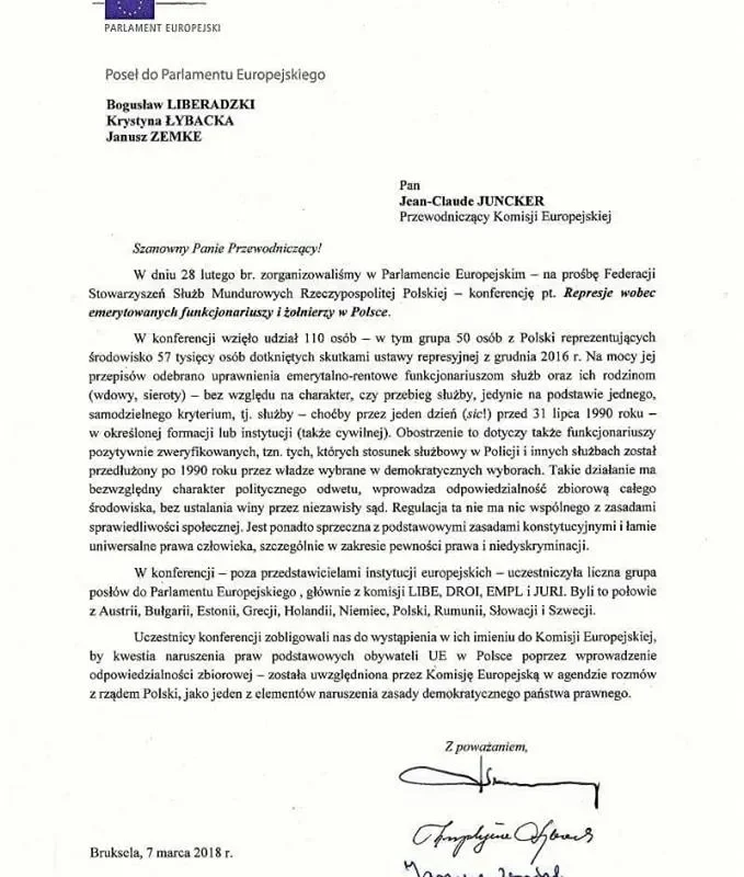 Zeskanowany list z nagłówkiem Parlamentu Europejskiego, skierowany do przewodniczącego Komisji Europejskiej, zawierający treść po polsku, datę 7 marca 2018 i kilka podpisów.