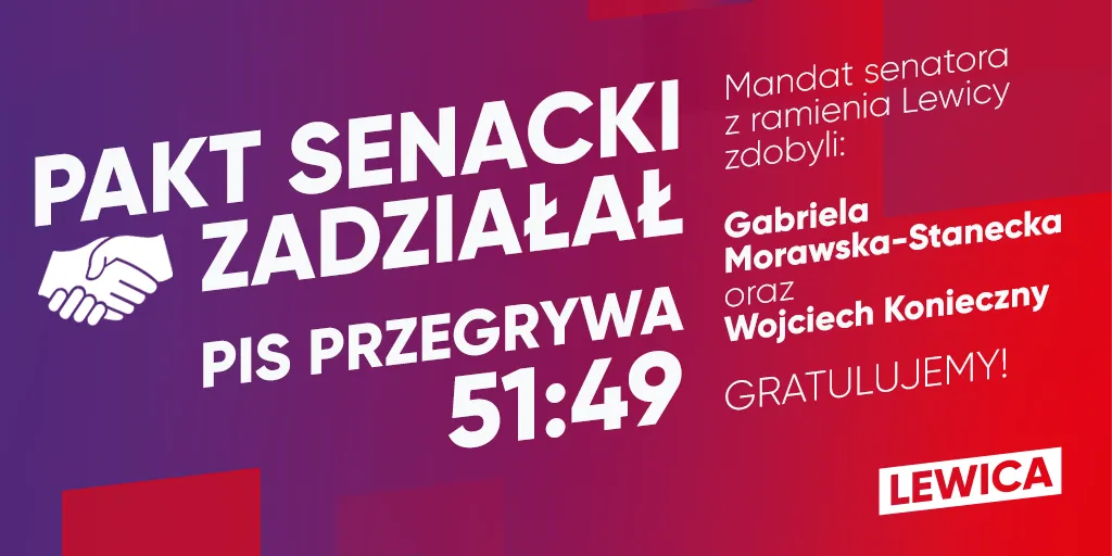 Graficzny plakat Lewicy z napisem „PAKT SENACKI ZADZIAŁAŁ”, pokazujący wynik 51:49 i informujący o mandatach senatorów z ramienia Lewicy oraz logo Lewicy.