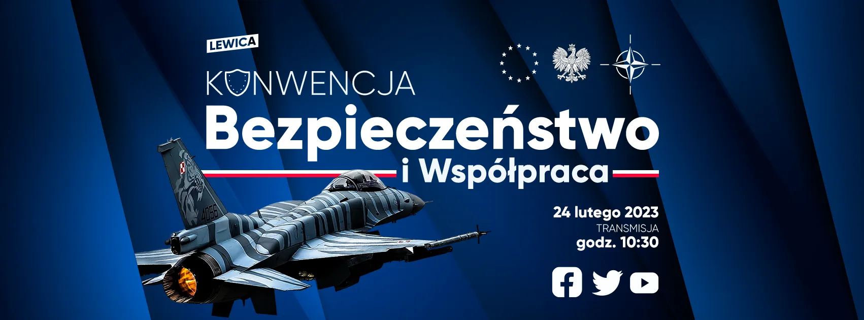 Plakat promujący konferencję "Bezpieczeństwo i Współpraca" z datą 24 lutego 2023, na którym znajduje się obrazek myśliwca oraz logotypy organizacji.