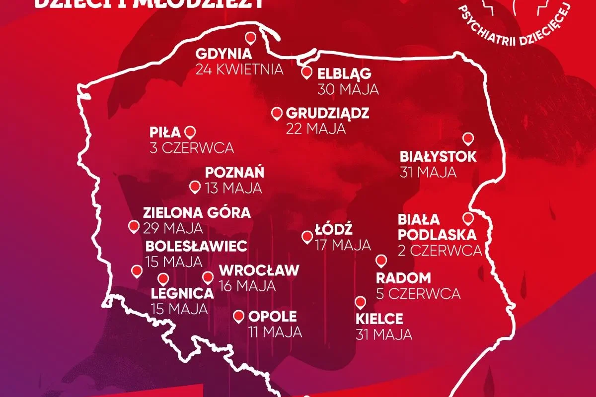 Mapa Polski z zaznaczonymi datami i miejscami lokalnych okrągłych stołów poświęconych zdrowiu psychicznemu dzieci i młodzieży.