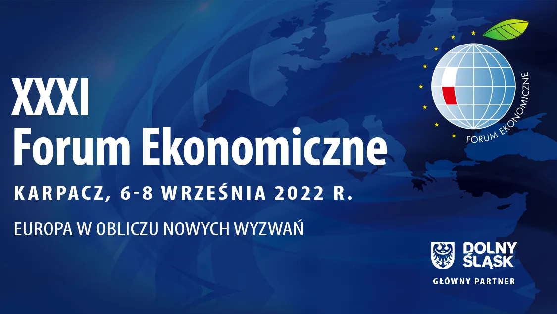 Grafika promująca XXXI Forum Ekonomiczne, które odbyło się w Karpaczu w dniach 6-8 września 2022 roku, z hasłem "Europa w obliczu nowych wyzwań".