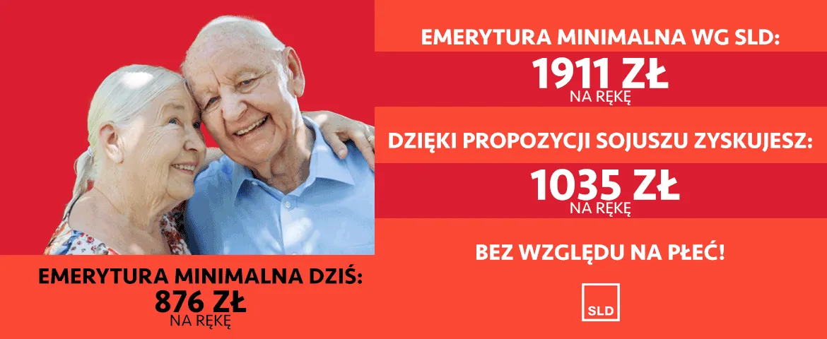 Para starszych ludzi uśmiecha się do siebie na tle czerwono-pomarańczowego banera z informacją o minimalnej emeryturze 1911 zł na rękę.