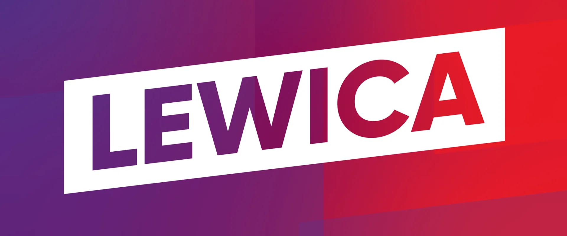 Logo Klubu Parlamentarnego Lewicy na gradientowym tle od fioletu do czerwieni z białym, nachylonym prostokątem z napisem LEWICA.