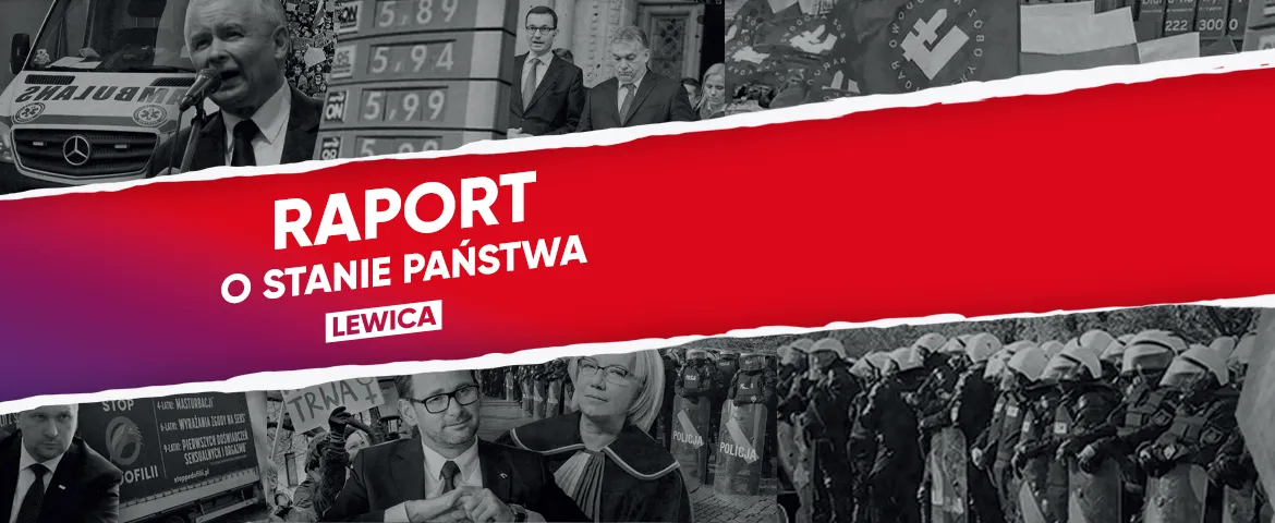 Kolaż czarno-białych scen politycznych i protestów, przecinany czerwonym paskiem z napisem „RAPORT O STANIE PAŃSTWA” i logotypem Lewica, ukazujący polityków, ambulans oraz oddziały policji.