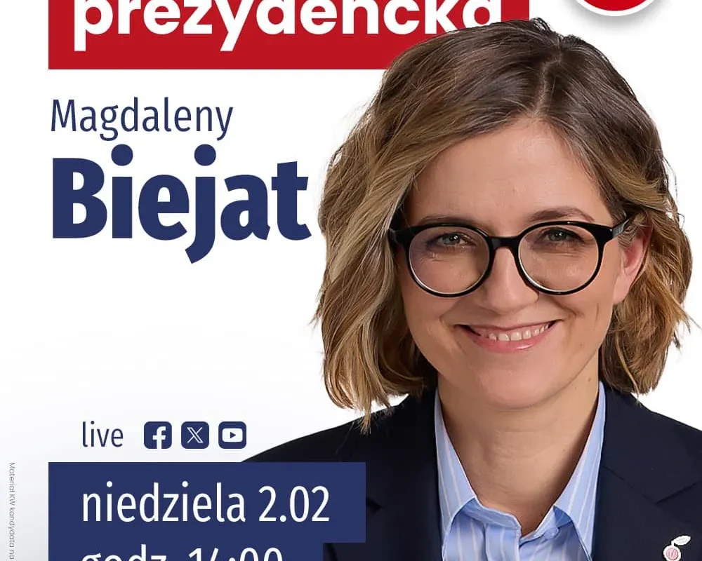 Plakat promujący konwencję prezydencką z uśmiechniętą kobietą w garniturze i okularach, otoczony dużymi napisami o wydarzeniu i dacie: niedziela 2.02, godz. 14:00.