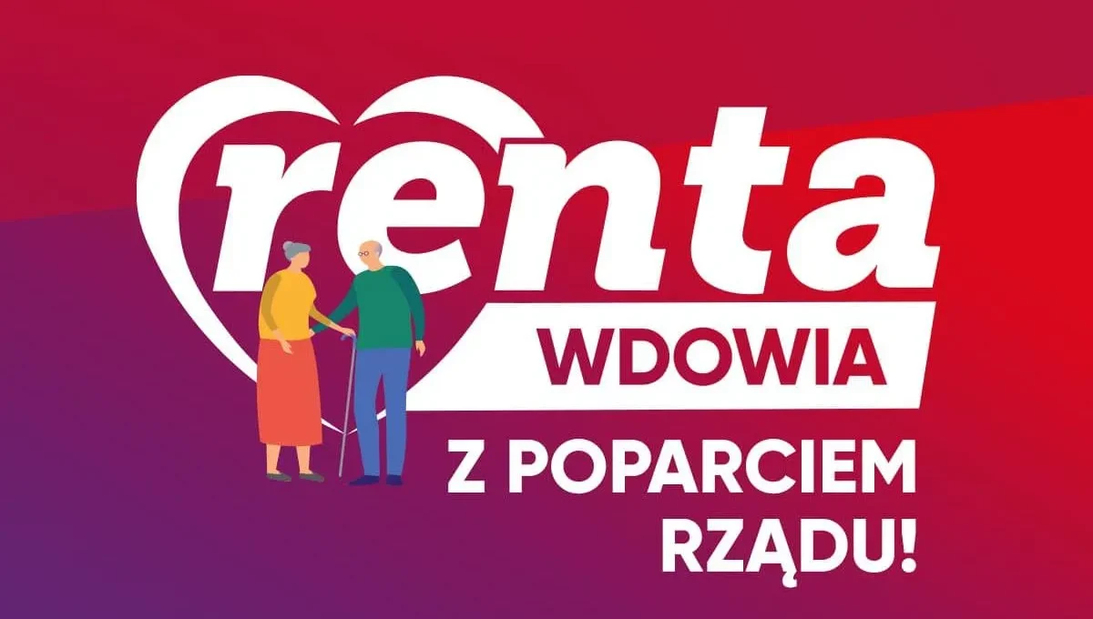 Ilustracja kampanii z hasłem „Renta wdowia z poparciem rządu”, przedstawiająca starszą kobietę i mężczyznę z laską stojących obok siebie w kształcie serca na gradientowym tle.