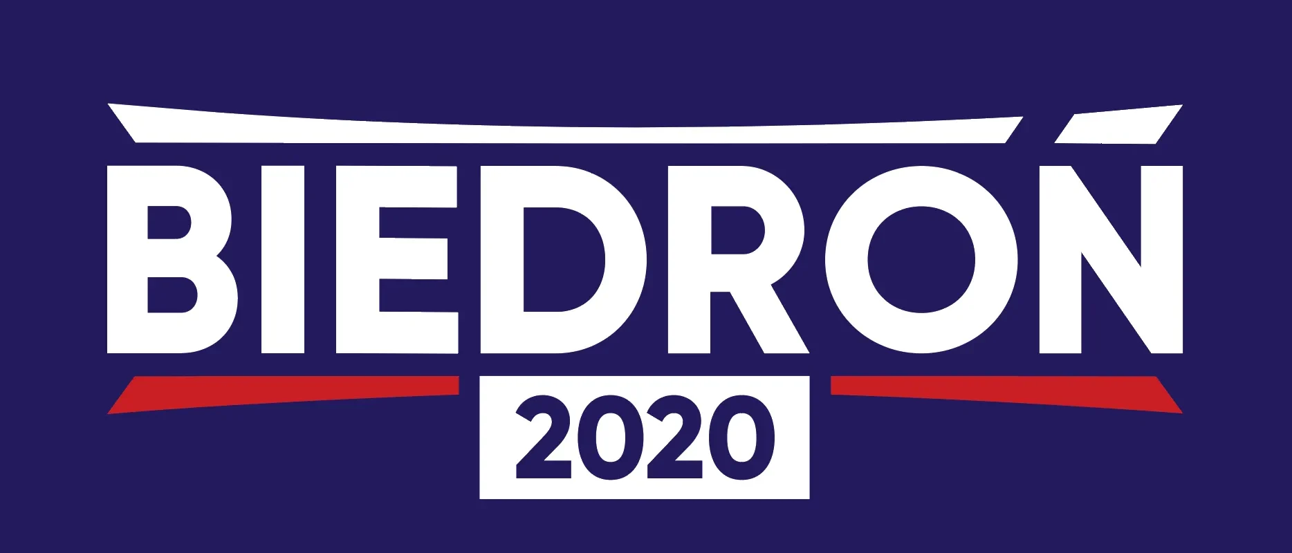 Logo kampanii Roberta Biedrońa z 2020 roku na granatowym tle, z dużym napisem BIEDROŃ oraz białą kartą z numerem 2020, ozdobionymi czerwonymi paskami po bokach.