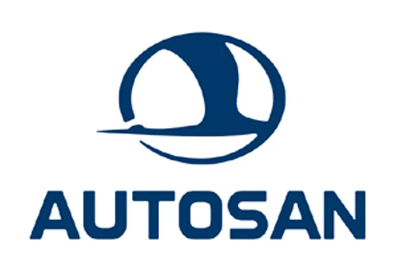 Niebieskie logo firmy Autosan przedstawiające stylizowanego ptaka w okręgu nad dużym napisem „AUTOSAN”.