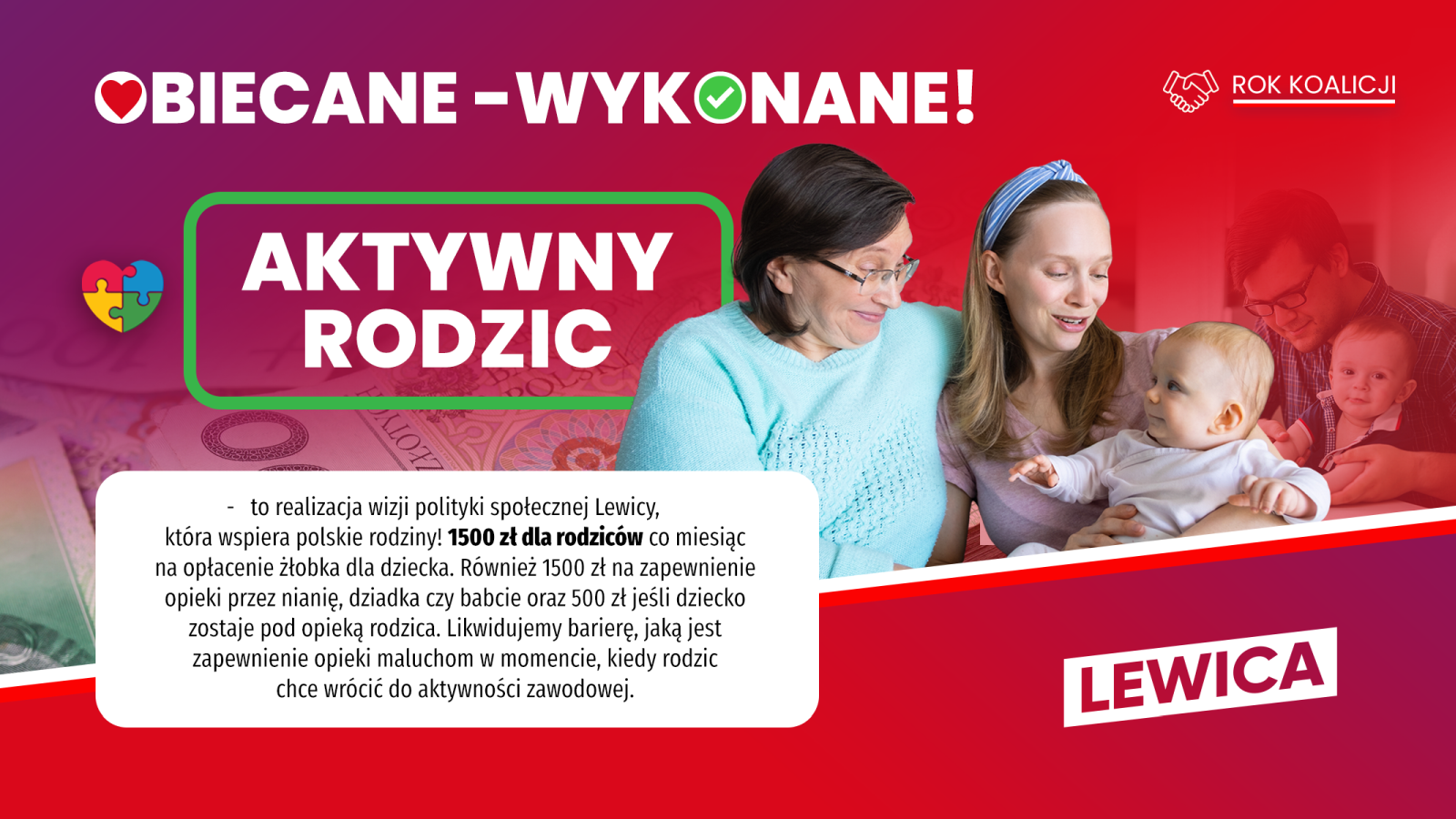 Grafika Lewicy promująca program Aktywny Rodzic, pokazująca rodzinę z niemowlakiem na czerwono-fioletowym tle z dużym napisem „AKTYWNY RODZIC”.