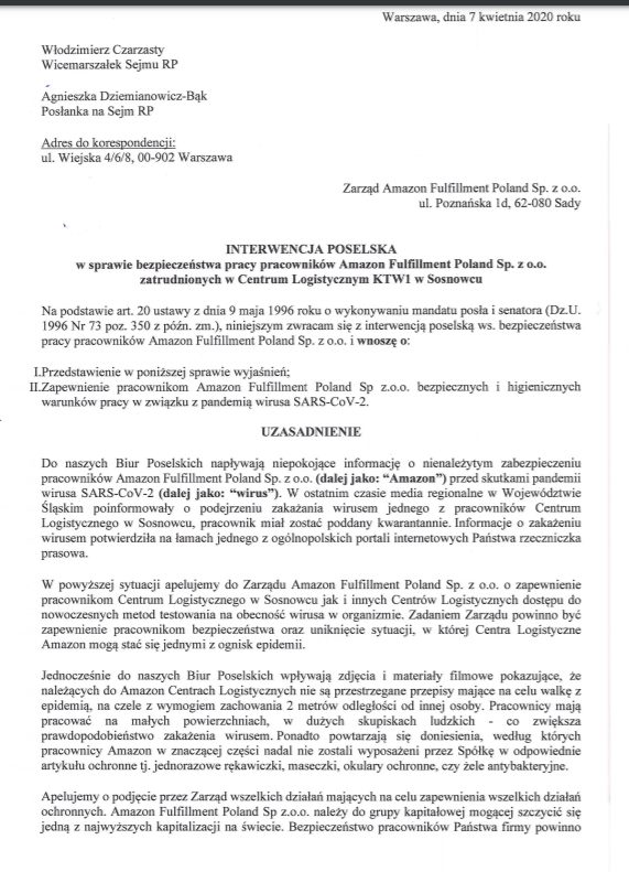 Skan oficjalnego dokumentu urzędowego z nagłówkiem Interwencja Poselska, dotyczącego bezpieczeństwa i higieny pracy pracowników Amazon Fulfillment Poland w Sosnowcu w kontekście pandemii SARS-CoV-2.