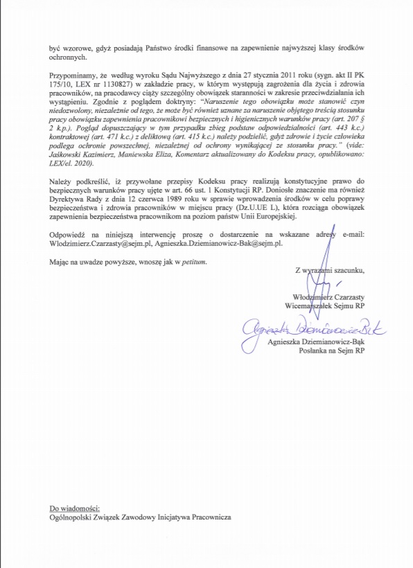 Skan oficjalnego pisma z tekstem po polsku, zawierającego podpisy i pieczęcie, odnoszącego się do ochrony zdrowia i życia pracowników.