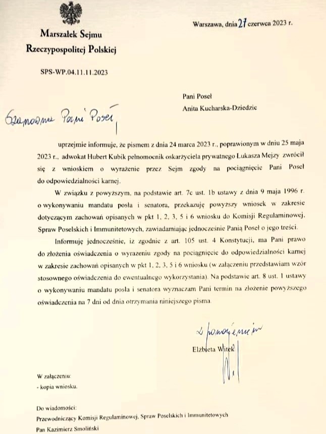 Oficjalny list urzędowy Marszałka Sejmu RP adresowany do posłanki Anity Kucharskiej-Dziedzic, podpisany przez Elżbietę Witek, datowany na 27 czerwca 2023.