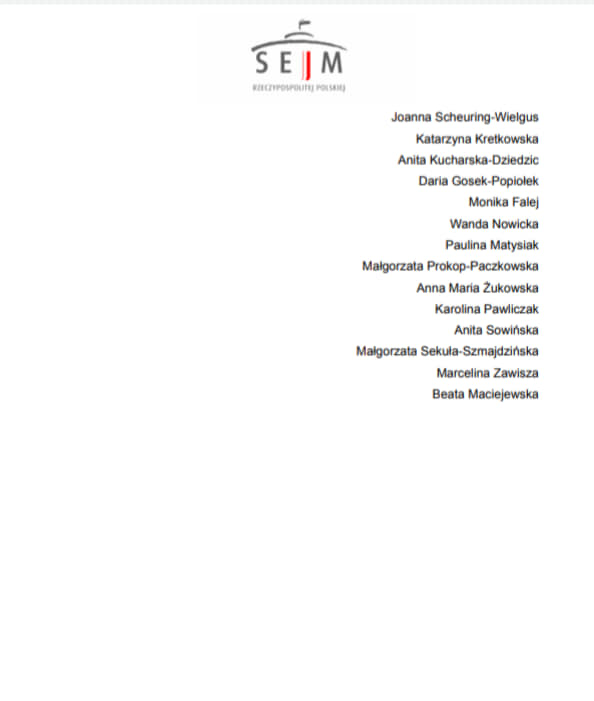 Strona dokumentu z logo Sejmu w lewym górnym rogu i kolumną nazwisk posłanek Lewicy po prawej stronie.
