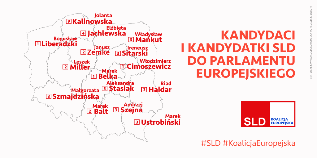 Mapa Polski z czerwonymi podpisami kandydatów SLD do Parlamentu Europejskiego 2019, z dużym tytułem po prawej i logotypem Koalicji Europejskiej.