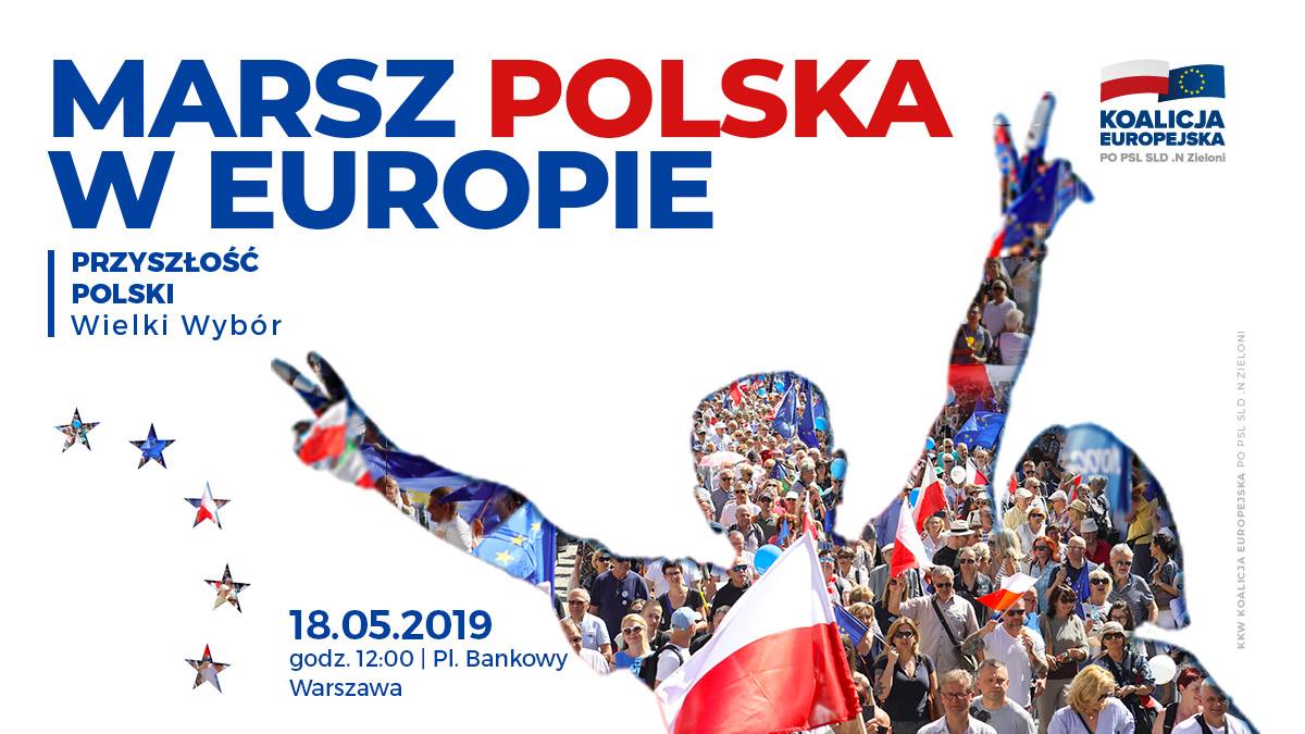 Plakat promujący Marsz Polska w Europie z wizerunkiem tłumu ludzi z flagami Polski i Unii oraz dużym napisem „MARSZ POLSKA W EUROPIE” i informacjami o wydarzeniu w Warszawie.