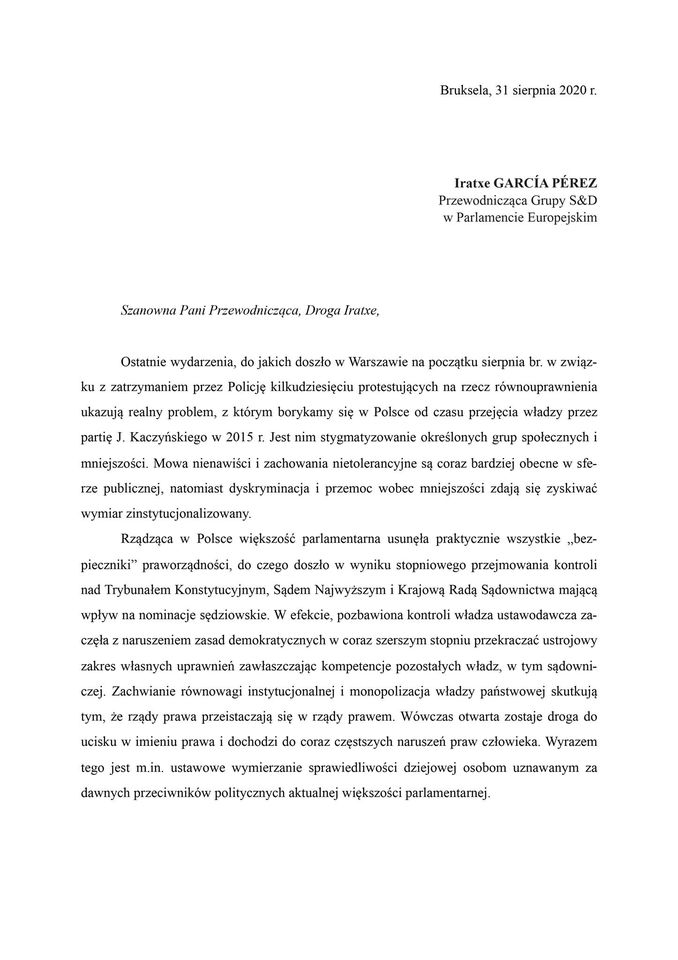 Formalny list na białej kartce, datowany Bruksela, 31 sierpnia 2020 r., skierowany do przewodniczącej grupy Socjalistów i Demokratów w Parlamencie Europejskim, dotyczący represjonowanych emerytów mundurowych.