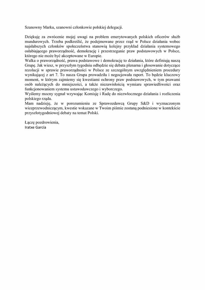 Formalny list w języku polskim skierowany do przewodniczącej grupy Socjalistów i Demokratów, dotyczący represjonowanych emerytów mundurowych.