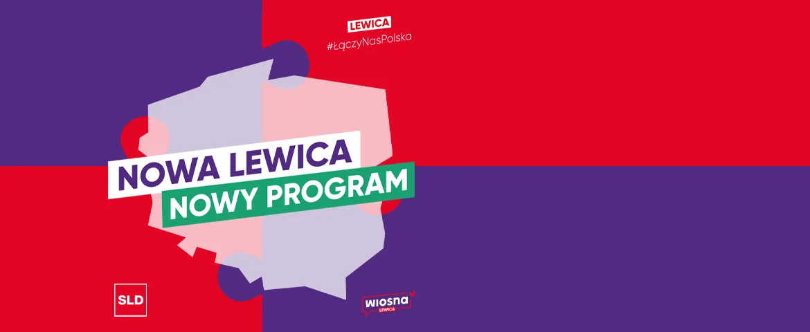 Kolorowa, abstrakcyjna grafika promująca kongres Zjednoczeniowy Nowej Lewicy z hasłem „NOWA LEWICA NOWY PROGRAM” na czerwono-fioletowym tle i logotypem Lewicy.