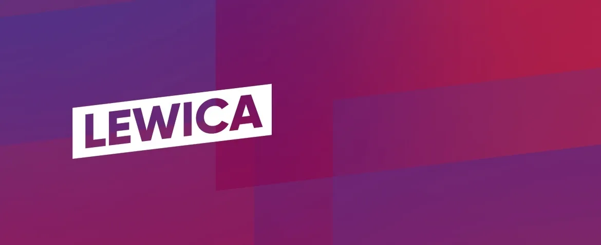 Białe prostokątne logo z napisem LEWICA na tle gradientu w odcieniach fioletu i różu.