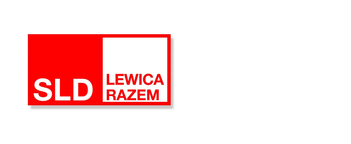 Logo SLD Lewica Razem: czerwony blok z dużymi białymi literami "SLD" po lewej i biały blok z czerwonym napisem "LEWICA RAZEM" po prawej, otoczony czerwonym obramowaniem.