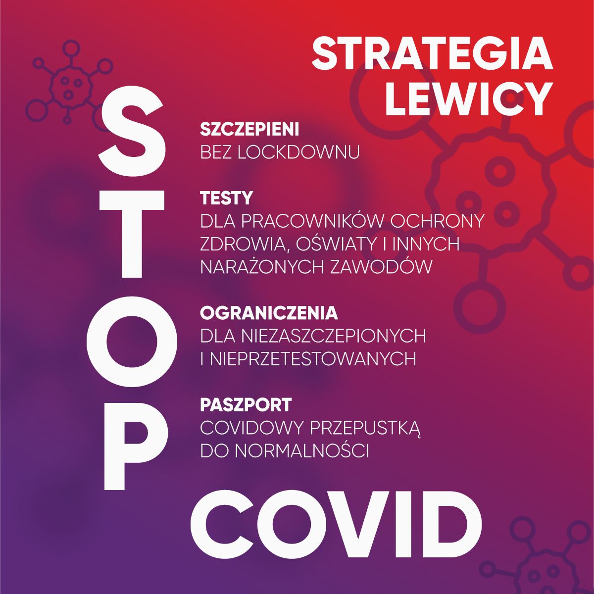Plakat w gradientowym tle od czerwonego do fioletowego z pionowym napisem STOP i dużym napisem COVID, prezentujący hasło Strategia Lewicy oraz postulaty: szczepieni bez lockdownu, testy dla pracowników ochrony zdrowia, ograniczenia dla niezaszczepionych i nieprzetestowanych oraz paszport covidowy jako przepustkę do normalności.