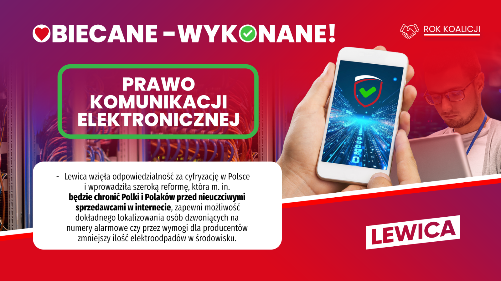 Baner kampanii Lewicy z hasłem „Prawo komunikacji elektronicznej”, ukazujący osobę trzymającą smartfon z zielonym znakiem na ekranie, w tle serwerownię, z logo Lewicy i motywem roku koalicji.