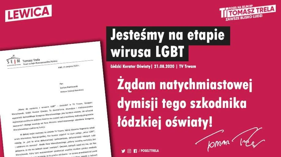 Różowy plakat polityczny z lewej strony zawierający fragment listu i duże napisy dotyczące LGBT, z logotypem Lewicy.