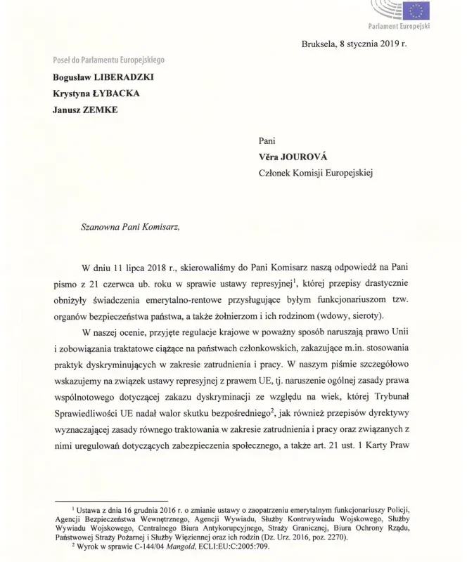 Skan oficjalnego listu eurodeputowanych SLD do komisarz Věry Jourové z Brukseli z 8 stycznia 2019 r., dotyczącego ustawy represyjnej.