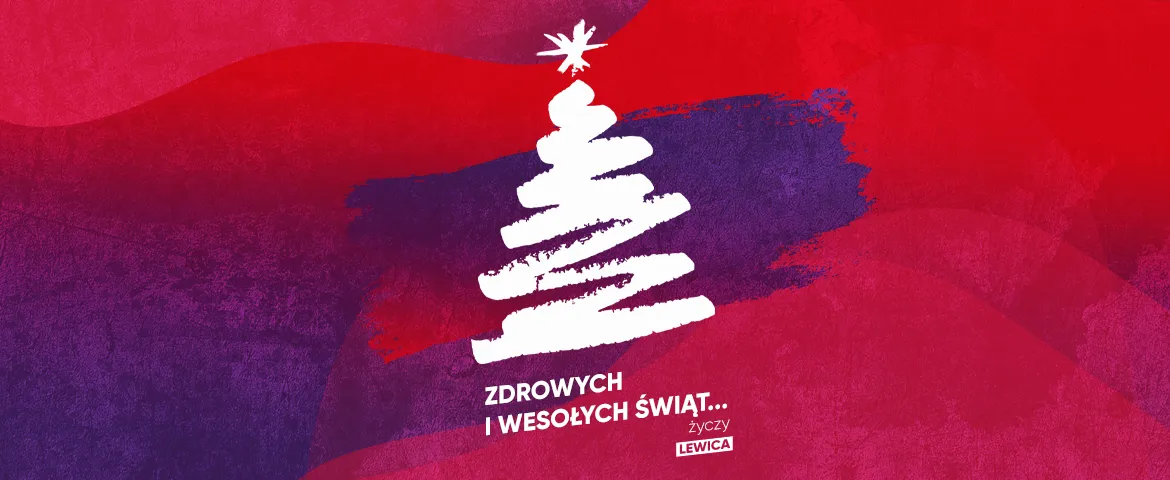 Biała, abstrakcyjna choinka na czerwono-fioletowym tle z napisem „Zdrowych i Wesołych Świąt” oraz logotypem Lewicy.