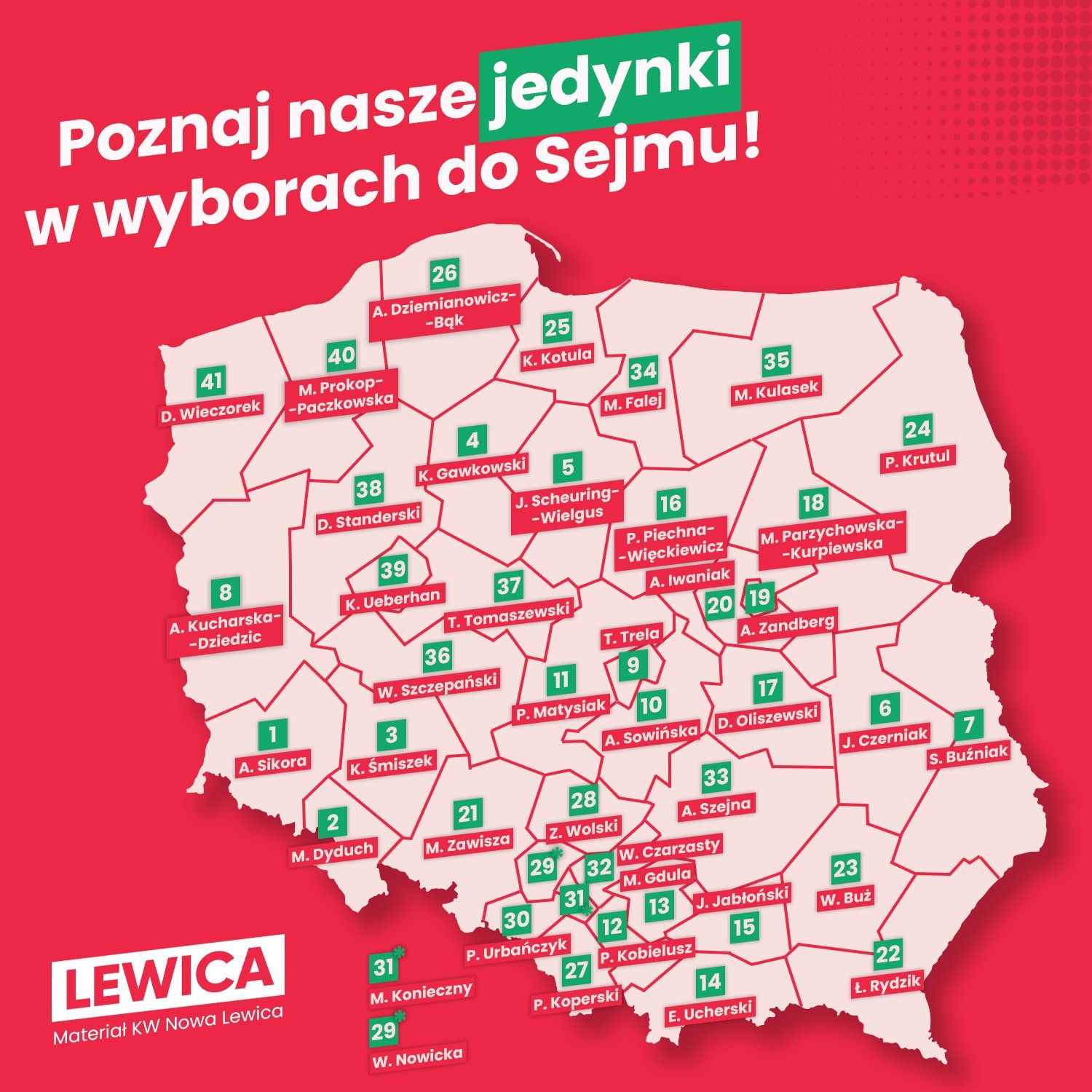 Mapa Polski podzielona na okręgi wyborcze z etykietami informującymi o jedynkach do Sejmu i Senatu.