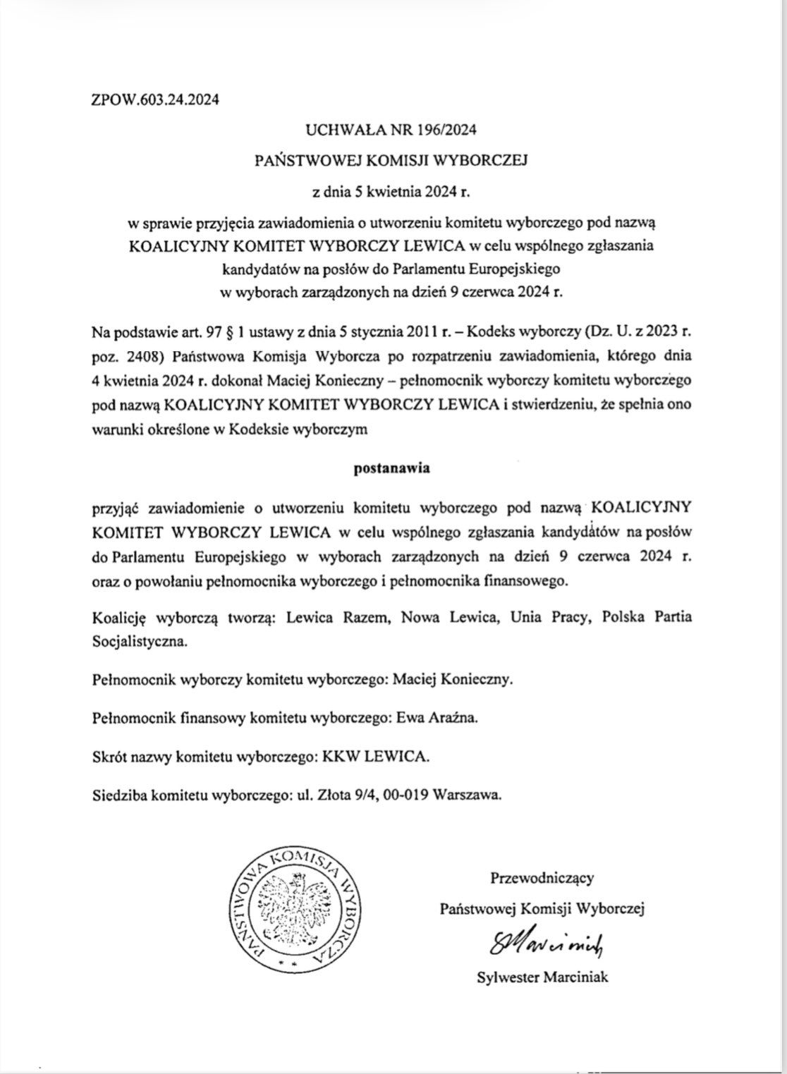 Urzędowy dokument Państwowej Komisji Wyborczej – uchwała nr 196/2024 z 5 kwietnia 2024 roku o rejestracji Koalicyjnego Komitetu Wyborczego Lewica do wyborów do Parlamentu Europejskiego, z podpisem i pieczęcią u dołu.
