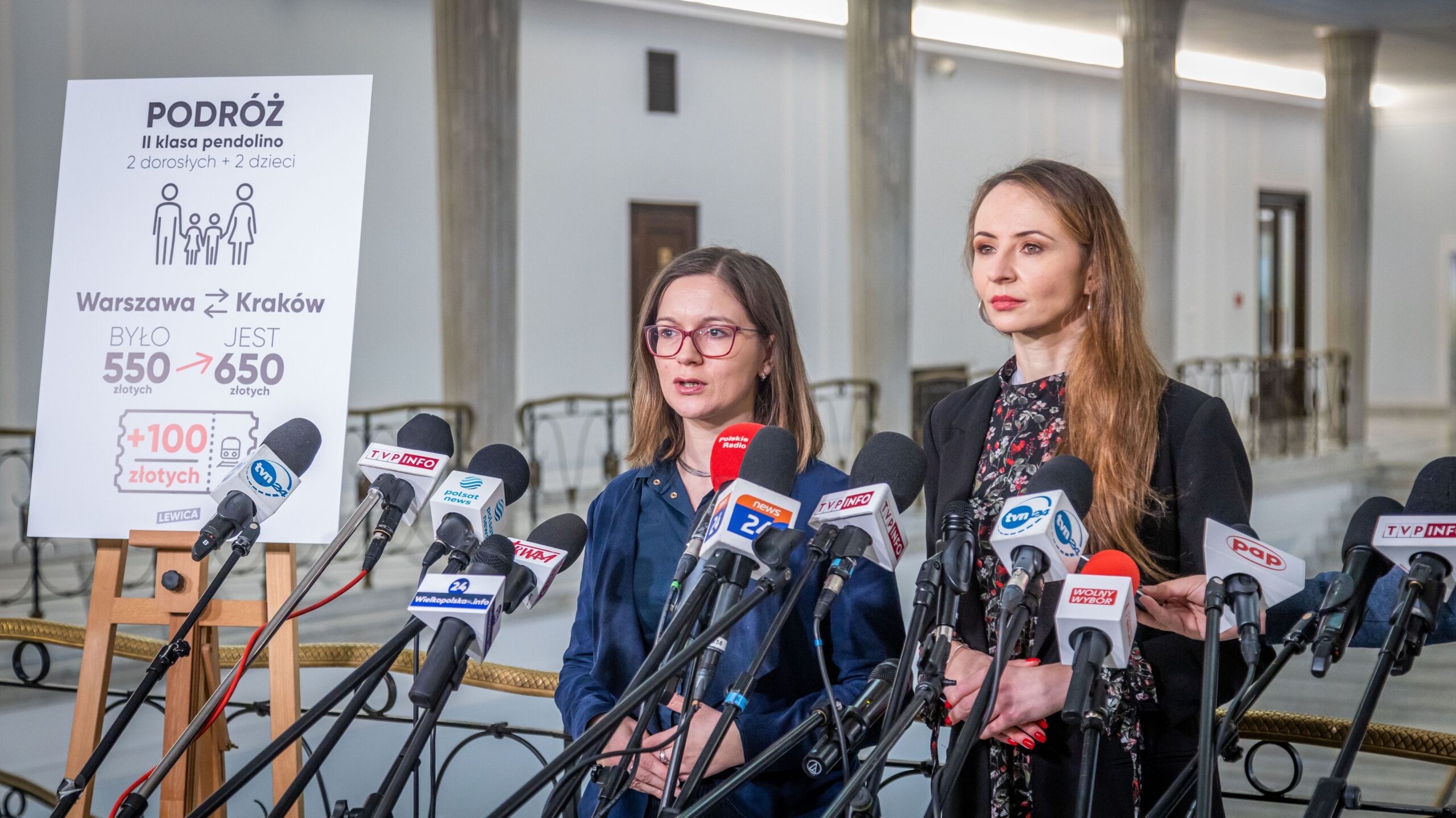 Na zdjęciu widać dwie kobiety stojące przed mikrofonami, prezentujące plakat dotyczący zmian cen biletów na podróż z Warszawy do Krakowa.