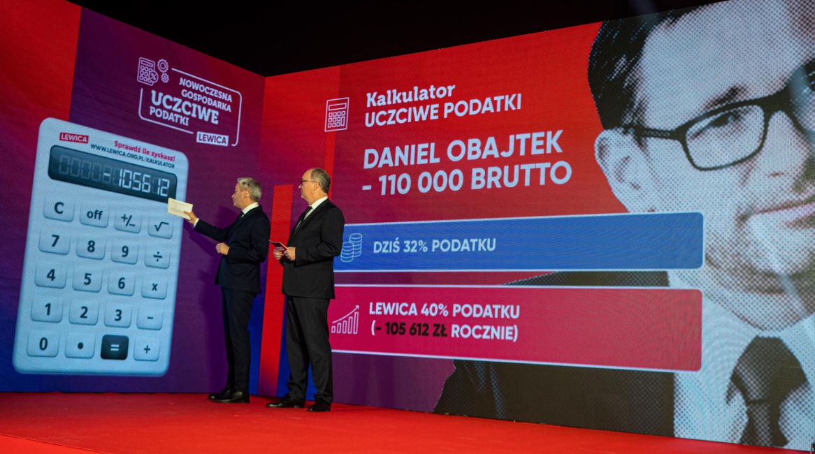 Na zdjęciu widać dwóch mężczyzn stojących obok dużego ekranu z kalkulatorem, na którym wyświetlane są dane dotyczące podatków w kontekście prezentacji.