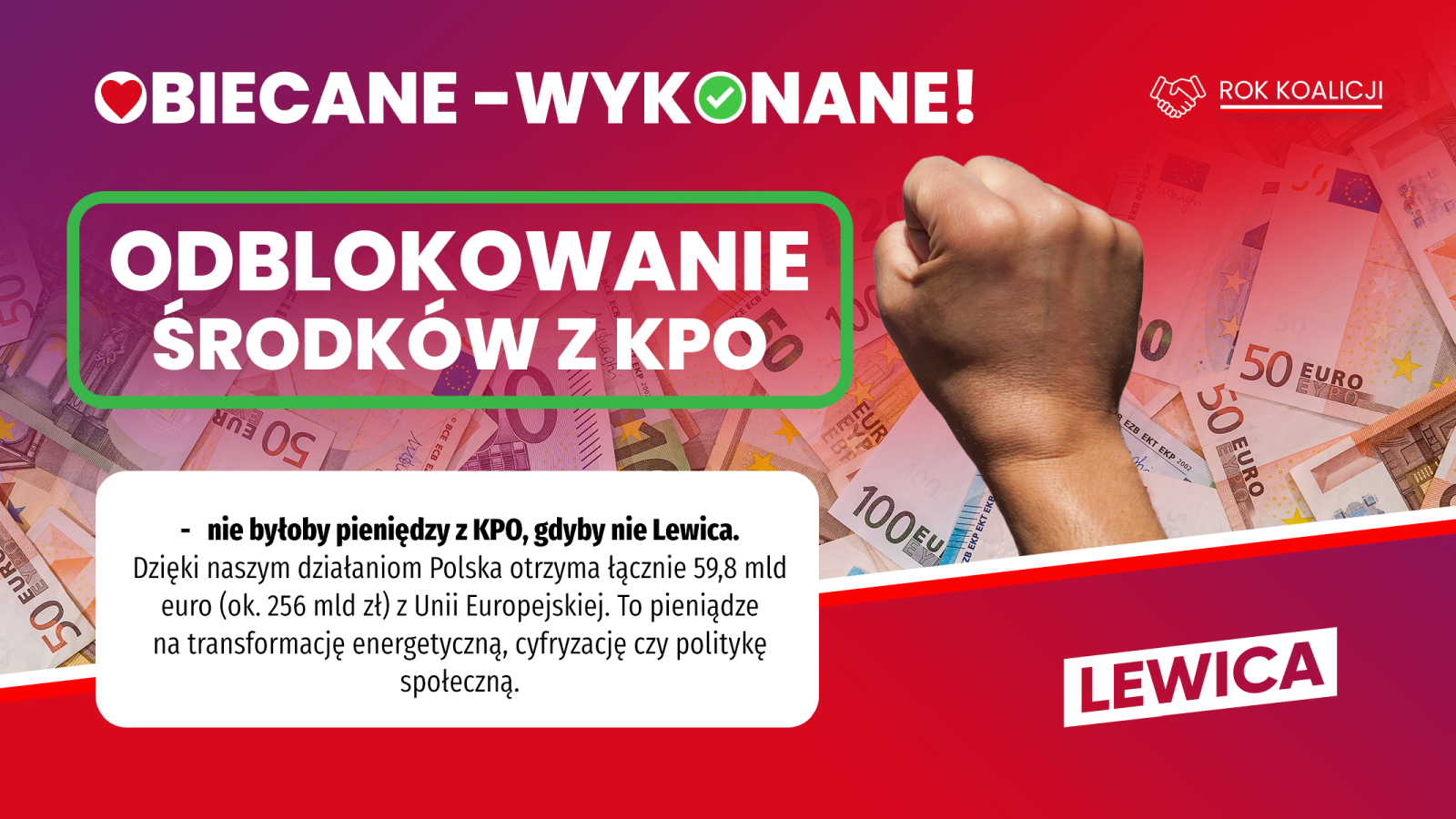 Banner Lewicy na tle banknotów euro z wyciągniętą pięścią, z dużym napisem „ODBLOKOWANIE ŚRODKÓW Z KPO” w zielonej, zaokrąglonej ramce, hasłem „OBIECANE – WYKONANE!” w lewym górnym rogu i logotypem Lewicy w prawym dolnym rogu.