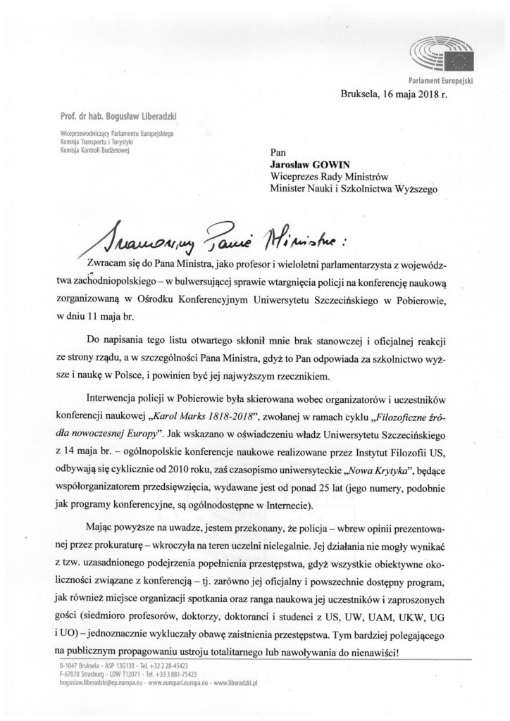 Skan listu otwartego skierowanego do Ministra Nauki i Szkolnictwa Wyższego w sprawie interwencji policji na Uniwersytecie Szczecińskim w dniu 11 maja.