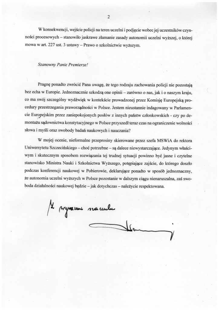 Strona 2 listu otwartego do Ministra Nauki i Szkolnictwa Wyższego, opisującego interwencję policji na Uniwersytecie Szczecińskim, z podpisem na dole.