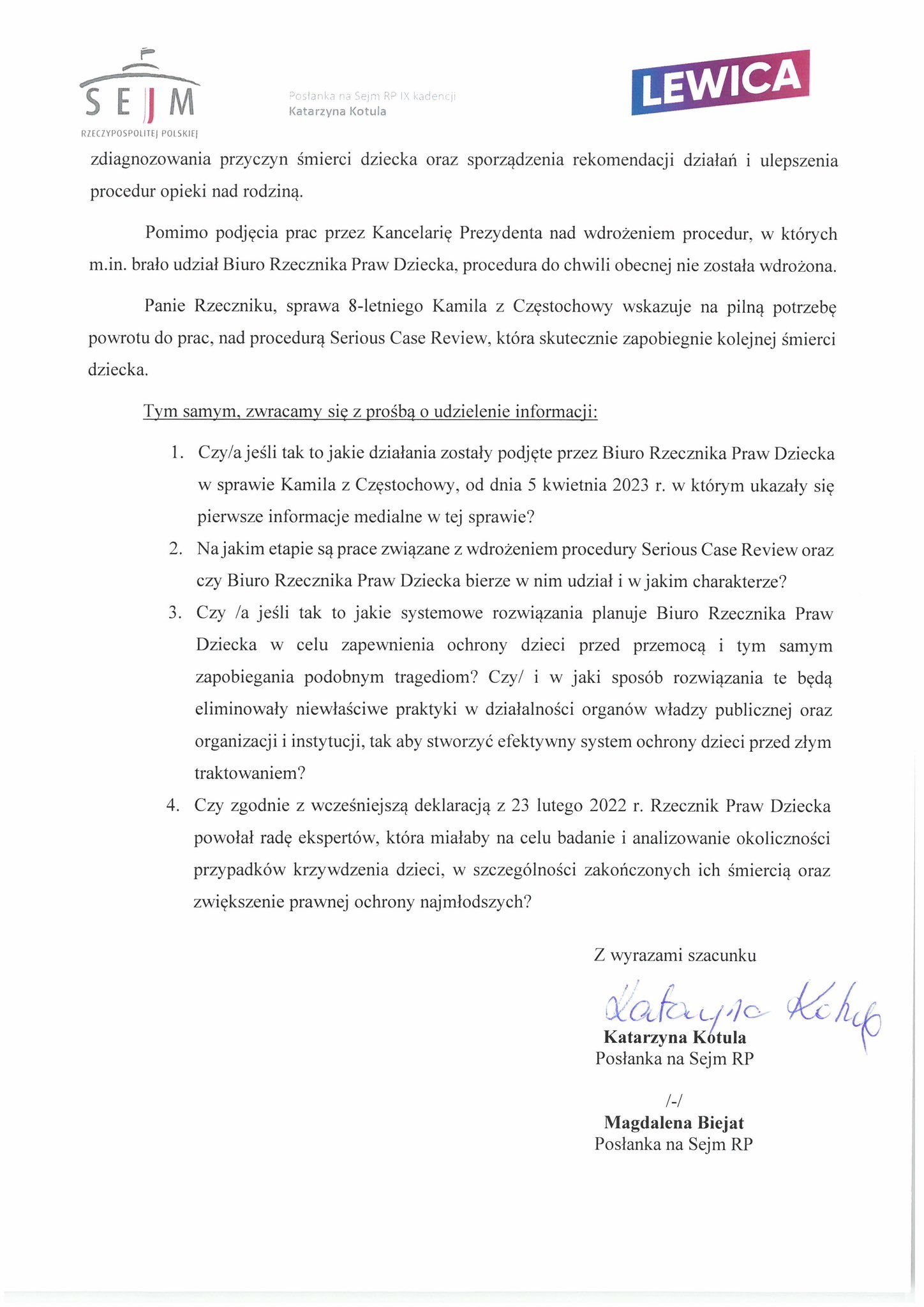 Formalny list z logotypami Sejmu RP i Lewicy, zawierający pytania o analizę przyczyn śmierci dzieci i stosowane procedury ochrony rodziny.