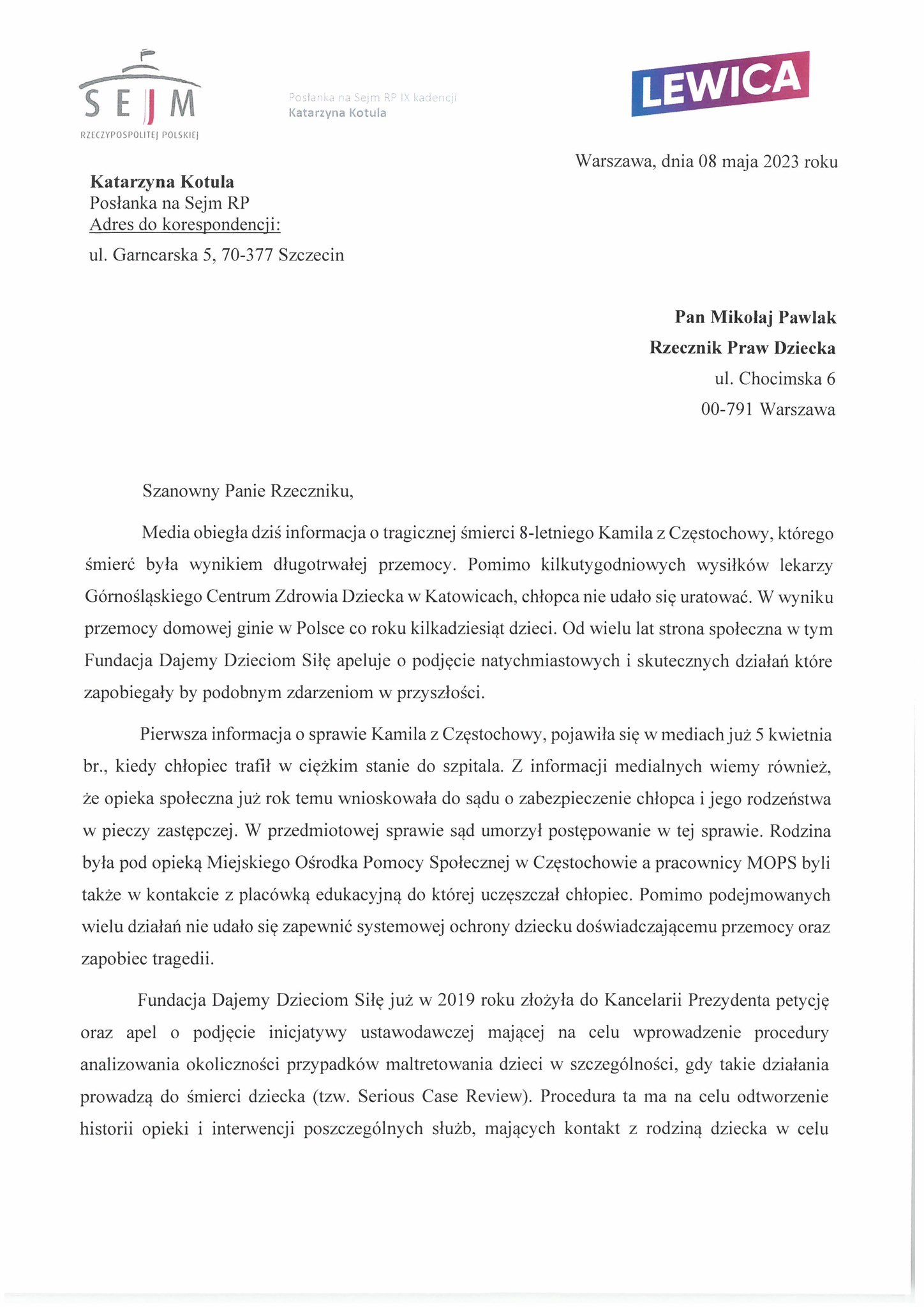 Pismo dotyczące tragicznej śmierci 8-letniego Kamila, którego śmierć była wynikiem długotrwałej przemocy, skierowane do Rzecznika Praw Dziecka.