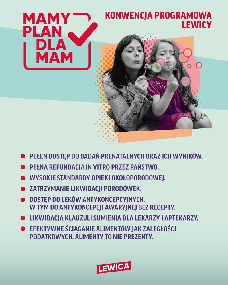 Plakat konwencji Lewicy „Mamy Plan dla Mam” przedstawiający matkę z córką dmuchujące bańki oraz listę punktów programowych.