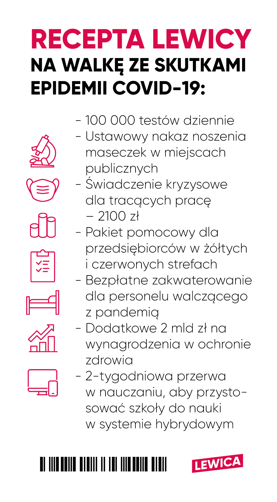 Plakat Lewicy z tytułem „Recepta Lewicy na walkę ze skutkami epidemii COVID-19” z ikonami po lewej (mikroskop, maseczka, kolumny, notatnik, łóżko, wykres/monitor) i listą propozycji takich jak masowe testy, obowiązek noszenia masek, zasiłki i wsparcie dla przedsiębiorców, bezpłatne zakwaterowanie dla personelu, dodatkowe środki na zdrowie oraz dwutygodniowa przerwa w nauczaniu.